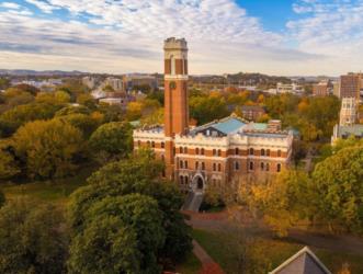 aerial view of campus with bell tower