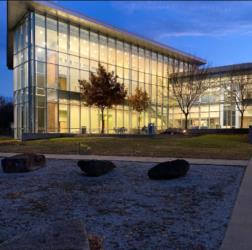 college building illuminated at dusk