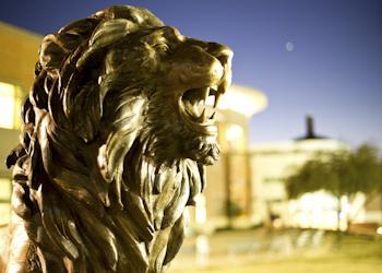 close-up of a lion statue at dusk