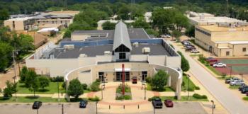 aerial view of campus buildings and landscape