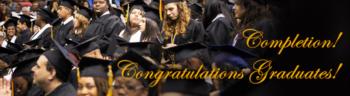 graduates in caps and gowns with 'Completion!' text