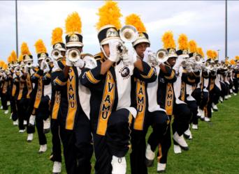 marching band in uniform holding brass instruments