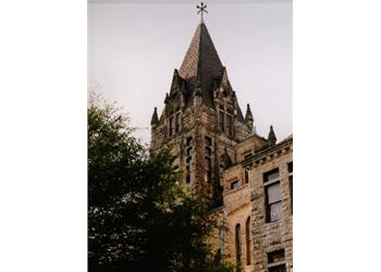 close-up of a historic university building tower