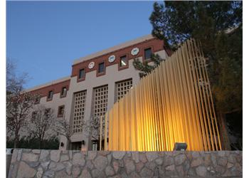 illuminated building facade at dusk