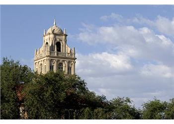 tower of a historic building with trees