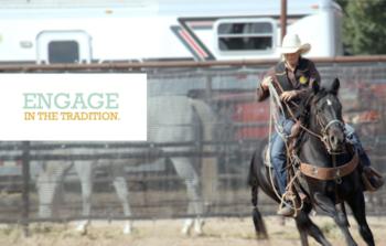 cowboy riding horse with 'engage in the tradition' banner