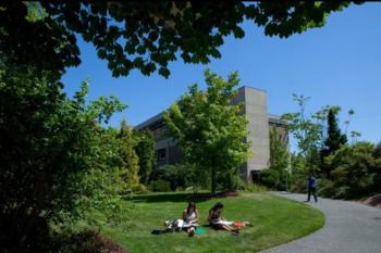 students studying on a grassy campus