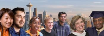 students with Seattle skyline in background