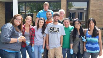 group of students outside campus building