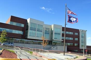 modern building with american flag