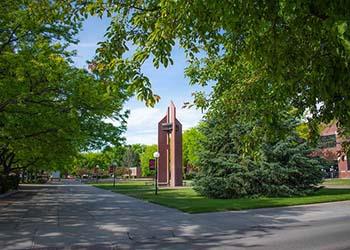 pathway to campus with clock tower and trees