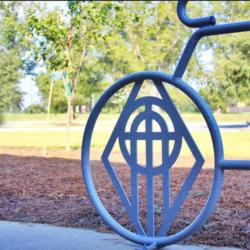 bike rack with institution's emblem