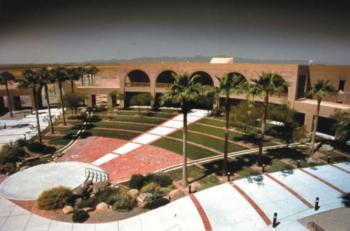 campus plaza with water feature