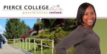 woman smiling over a graphic with 'Pierce College'