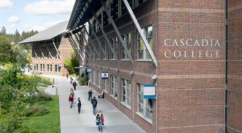 busy campus walkway with 'Cascadia College'