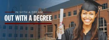 graduating student with banner 'in with a dream, out with a degree'