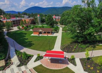 aerial view of campus courtyard and buildings