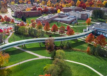 aerial view of campus with colorful autumn trees