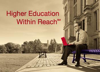 man on bench with laptop, text 'higher education within reach'