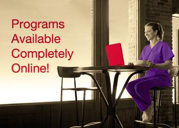 nurse with laptop, text 'programs available completely online!'