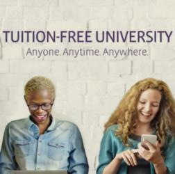 two people using electronic devices with 'tuition-free university' text