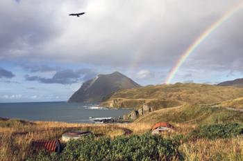 rainbow over a coastal landscape with hills