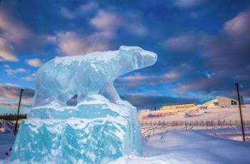 ice sculpture of a bear with a sunset and buildings behind